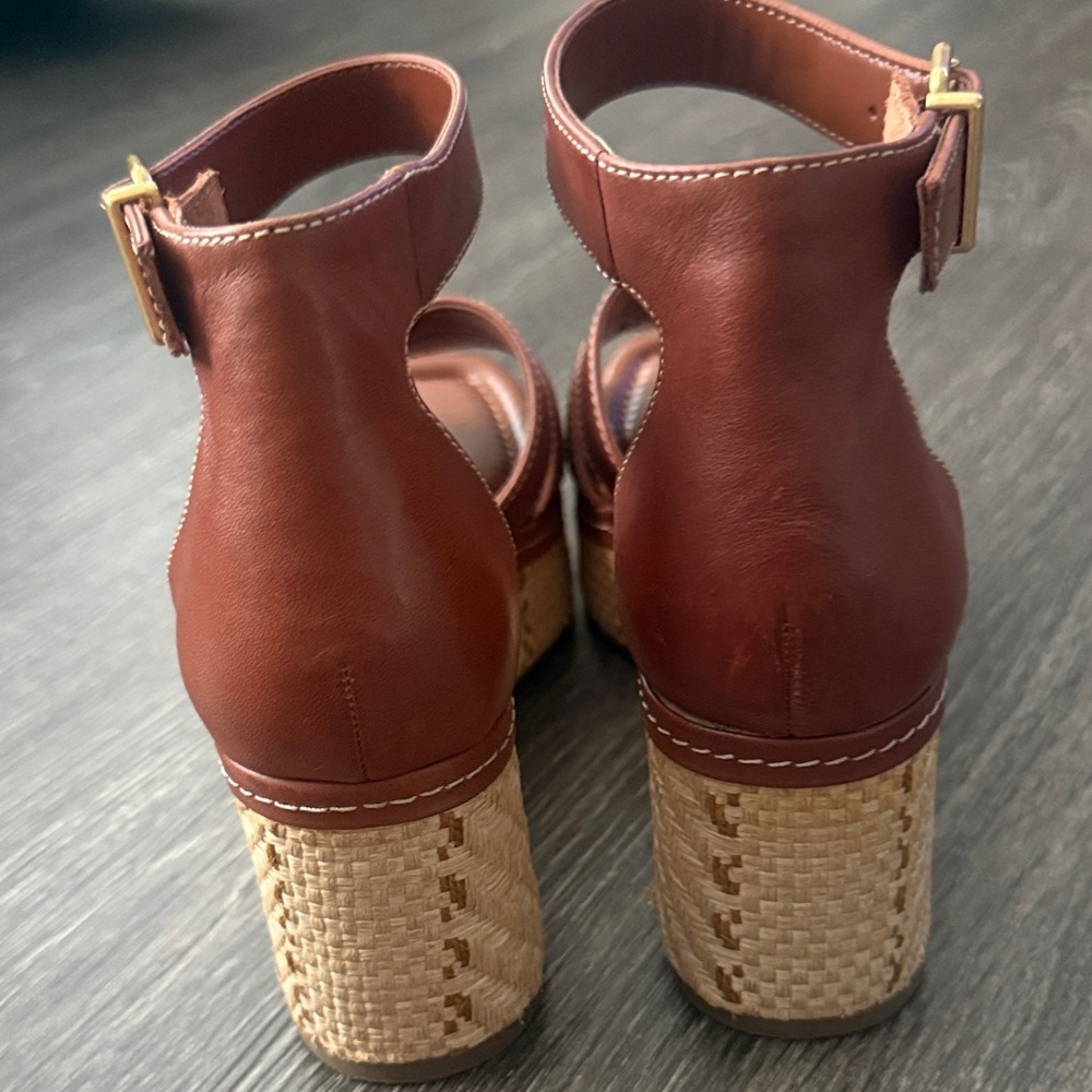 Vince Camuto Cognac Leather Platform Wedge Sandals with Ankle Strap - Picture 5 of 9